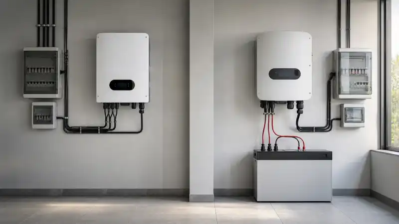 Cameră tehnică cu arhitecturi de invertor on-grid și hibrid pentru un sistem fotovoltaic