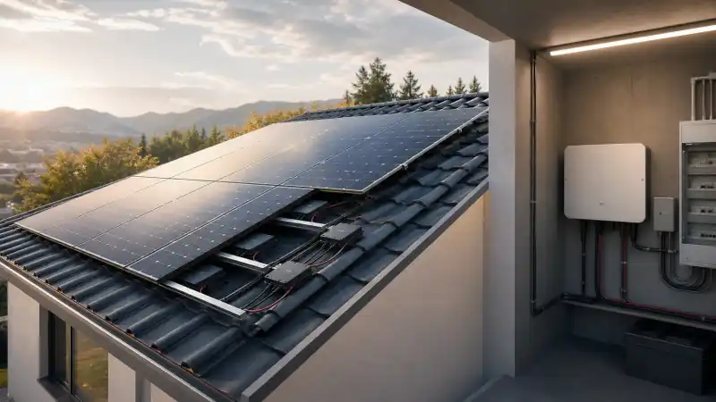 Acoperiș rezidențial cu panouri fotovoltaice și echipamente pentru arhitecturi string și microinvertor