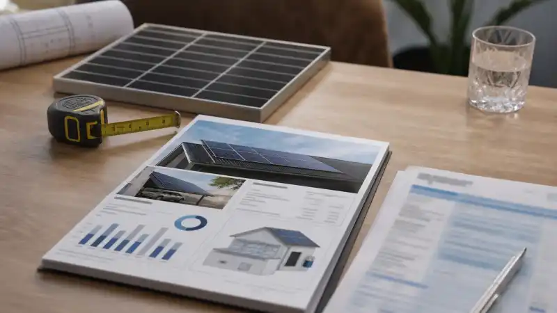 Acoperiș rezidențial cu panouri fotovoltaice văzut dintr-un unghi care evidențiază orientarea și înclinația