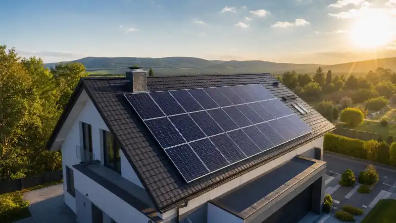 Panouri fotovoltaice pe acoperiș traversate de umbrele unor arbori