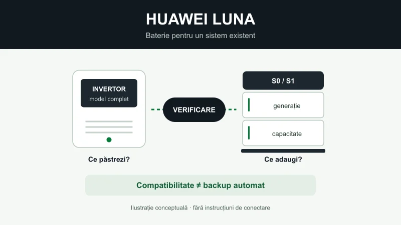 Diagramă conceptuală pentru retrofit Huawei LUNA: identificarea invertorului, generația S0 sau S1 și verificarea separată a backupului