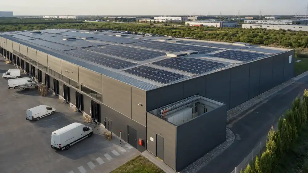 Hală industrială cu panouri fotovoltaice și zonă tehnică pentru proiect comercial